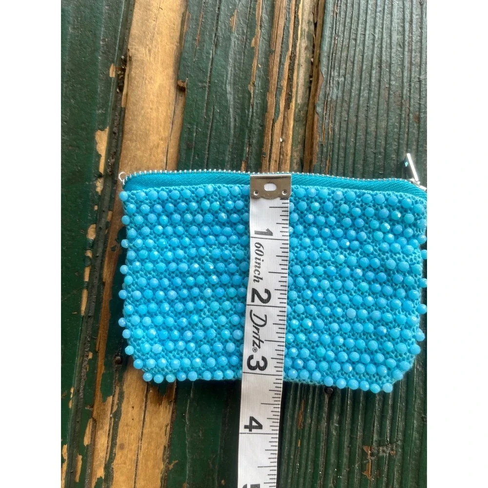Vintage Turquoise Blue Beaded Zipper Pouch Set Coin‎ Purse Makeup Bag 2pc